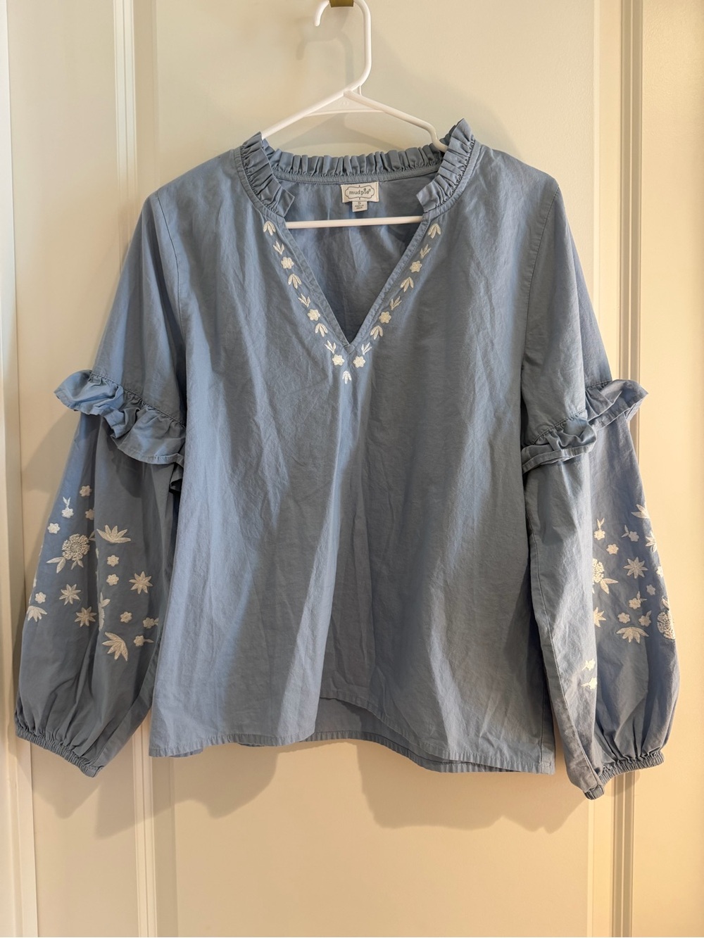 Mud Pie Sky Blue Embroidered Ruffle Sleeve Blouse